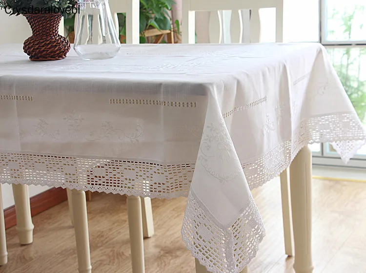 American White Lace Dinning Tablecloth Hand-drawn Yarn Embroideried Table Cloth Cotton Linen Table Cover Refrigerator TV Cover