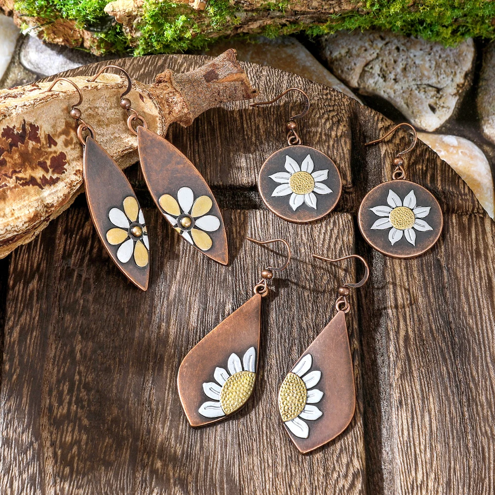 Vintage Daisy Earrings Set, Antique Bronze Flower Geometric Dangle Earrings, Women's Vacation Beach Party Statement Jewelry Gift