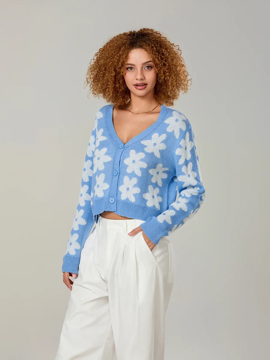 Women's Button Down Knit Cardigan Fashion Long Sleeve V Neck Floral Print Sweater Outwear