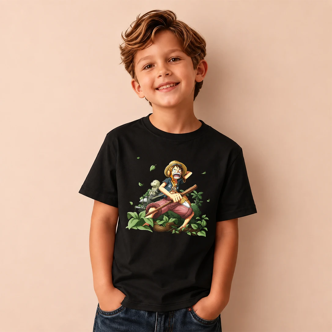 Kids T‑Shirt One Piece Monkey D Luffy Jungle Adventure Print Short Sleeve Casual Tops Boys Girls Anime Children Daily Wear Tees
