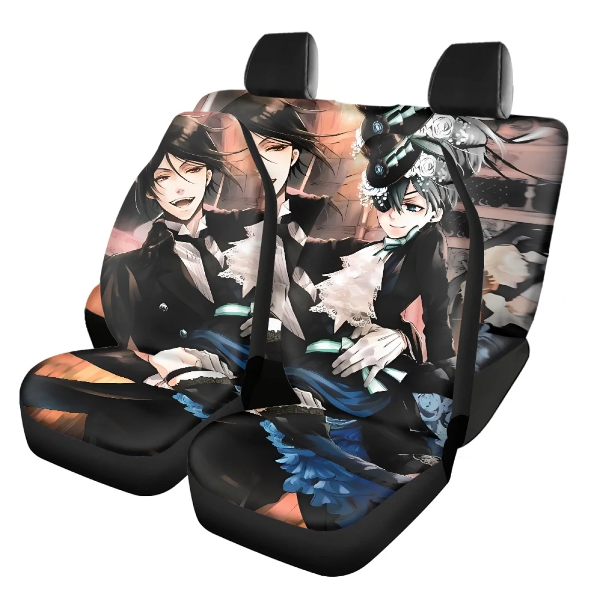 Black Butler Cartoon Pattern Car Seat Cover Fit Most of Women Auto Intorior Decor Safety Belt Cover Steering Wheel Cover 2023