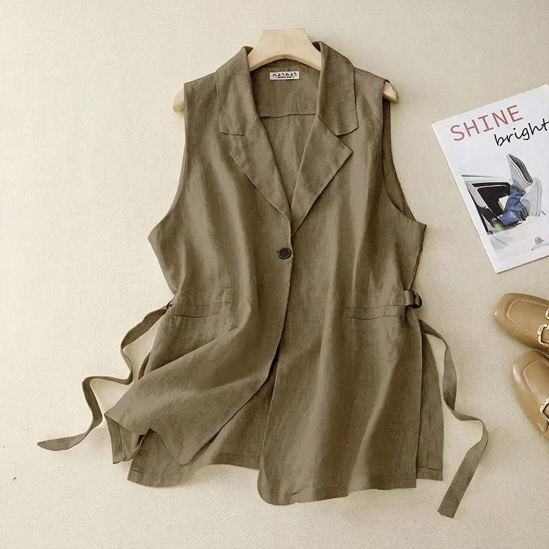 

Ladies New High-End Solid Color Cotton Linen Vest Fashion Temperament Thin Sleeveless Jacket Loose Waistcoat Women Tops T1474