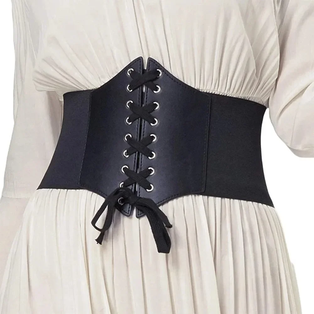 Cintura sottile elastica in PU a vita alta da donna Vintage elegante semplice con lacci Corsetto con cintura larga quotidiana punk e gotica nera