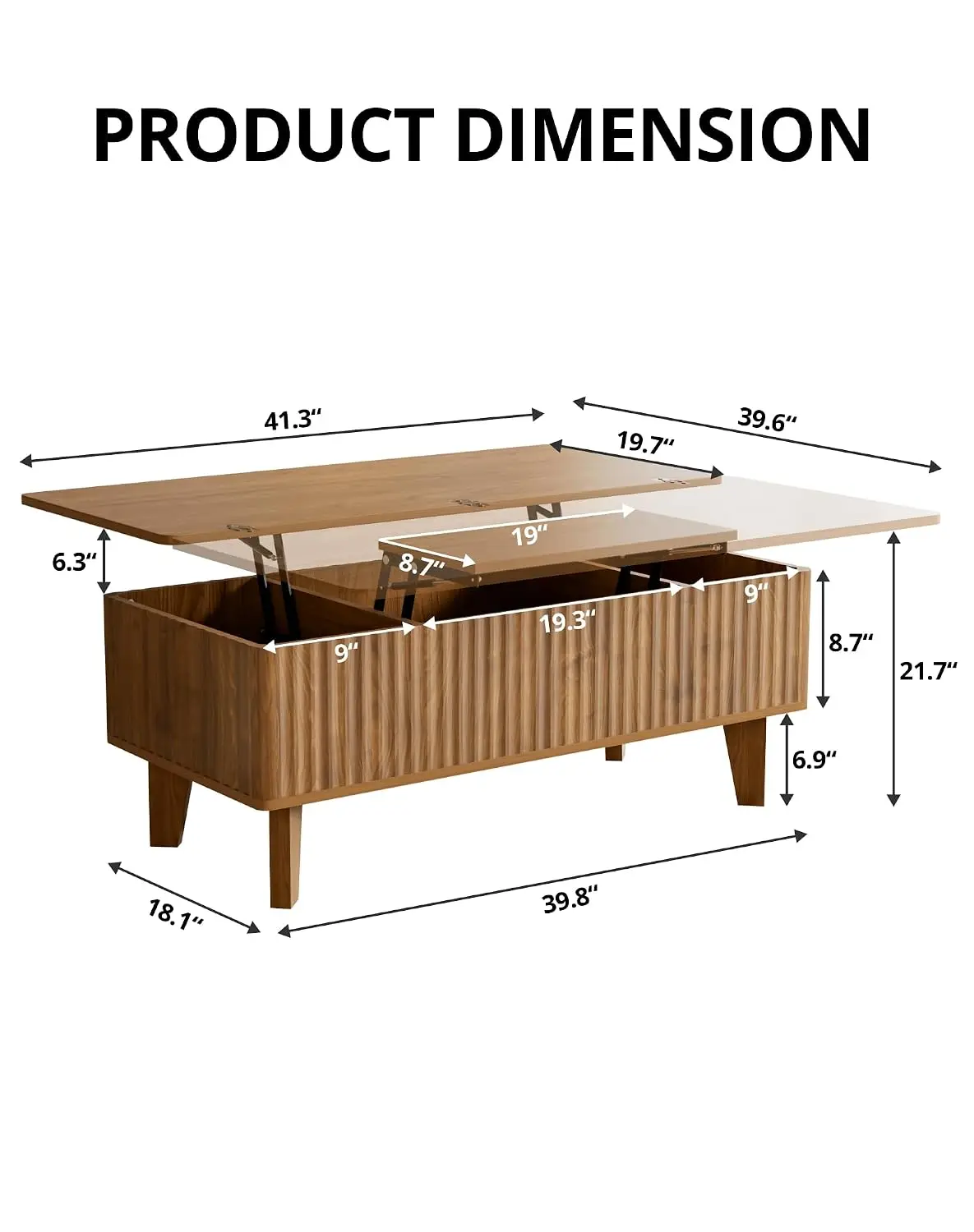 Lift Top Coffee Table with Storage, Wood Fluted Convertible Dining Center Table for Living Room, Walnut, Customized