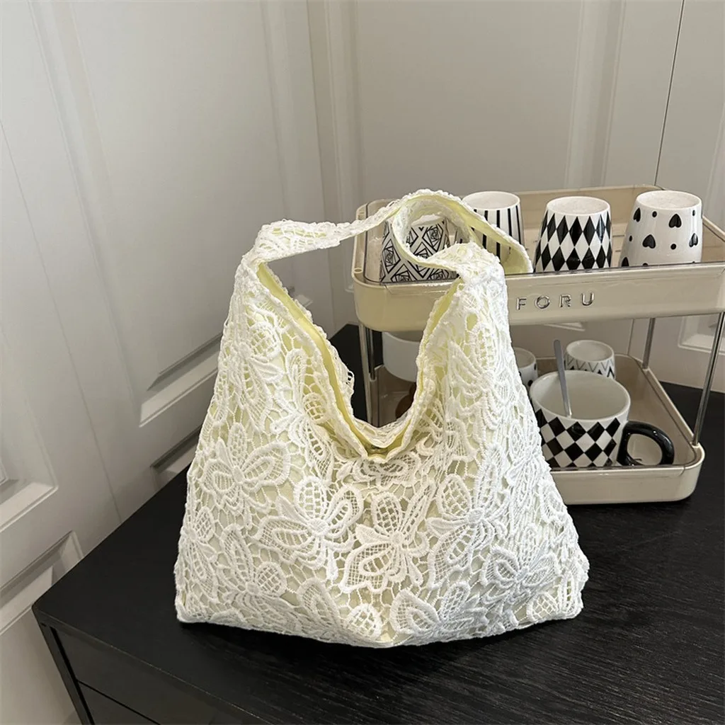 Large Capacity Shoulder Bag Practical Casual Commute Bag White Lace Handbag Gentle Water Soluble Lace Tote Bag For Shopping Date