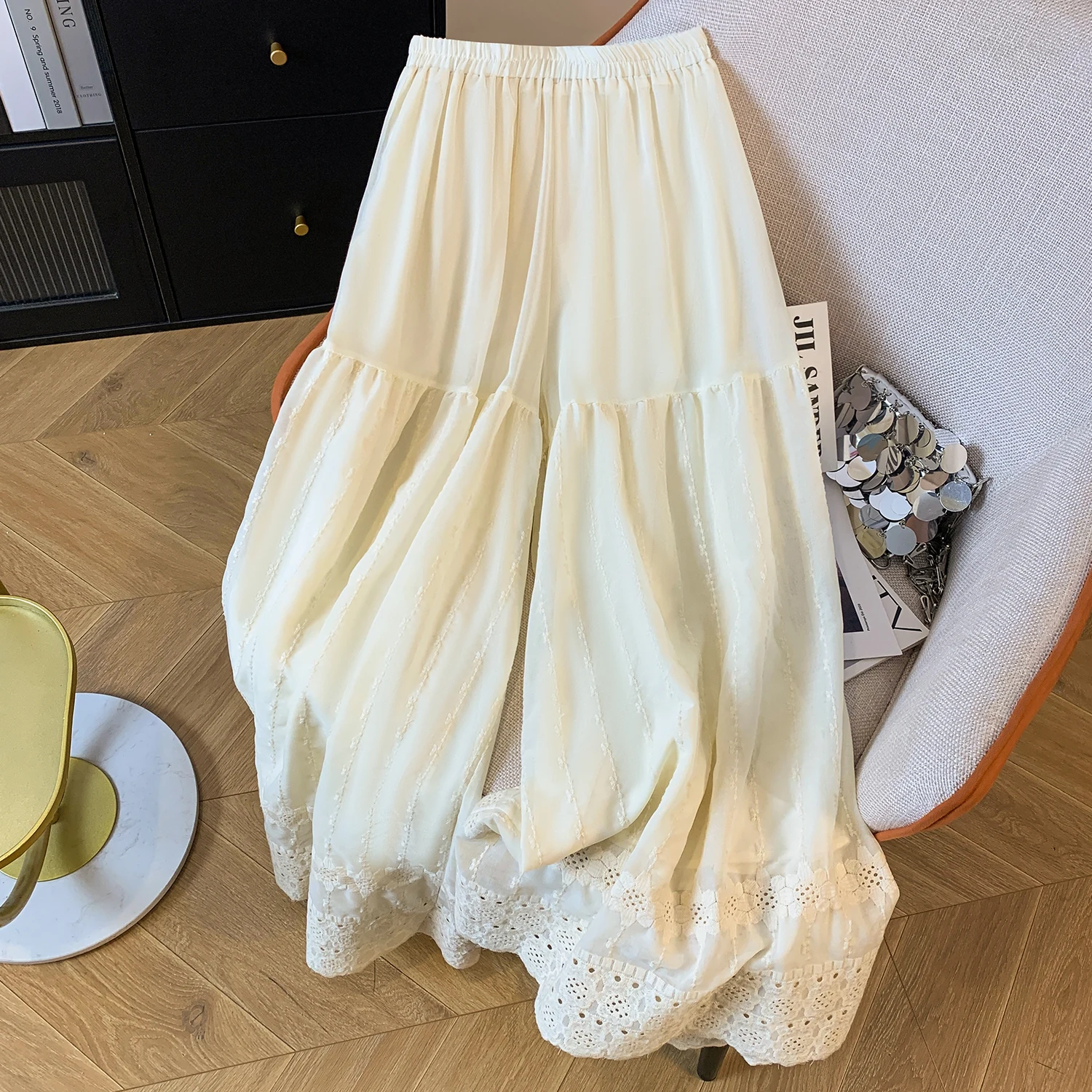 Pantaloni a gamba larga effetto snellente Elastico a vita alta Colore ricamato casual Gonna da donna estiva nuovo arrivo vestibilità ampia