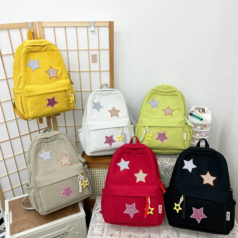 Solid Star Twist Zipper Large Capacity Corduroy School Bag Simple Backpack 2024 Hot Sale Bags for Girls and Boys Bolsos Colegio