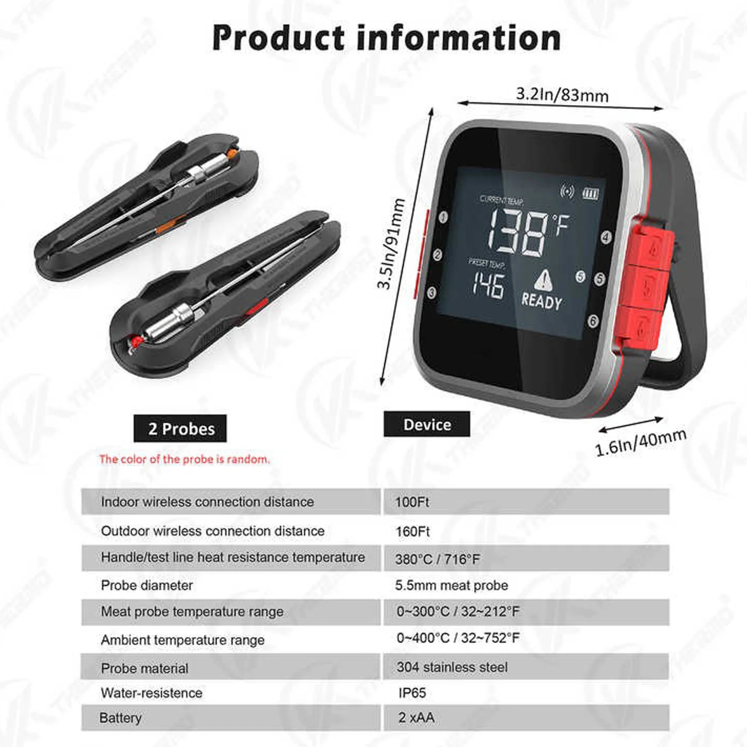 BBQ Meat Cooking Thermometer Wireless Connect Magnetic Design Remote Range Backlight Large LCD Waterproof and Probes