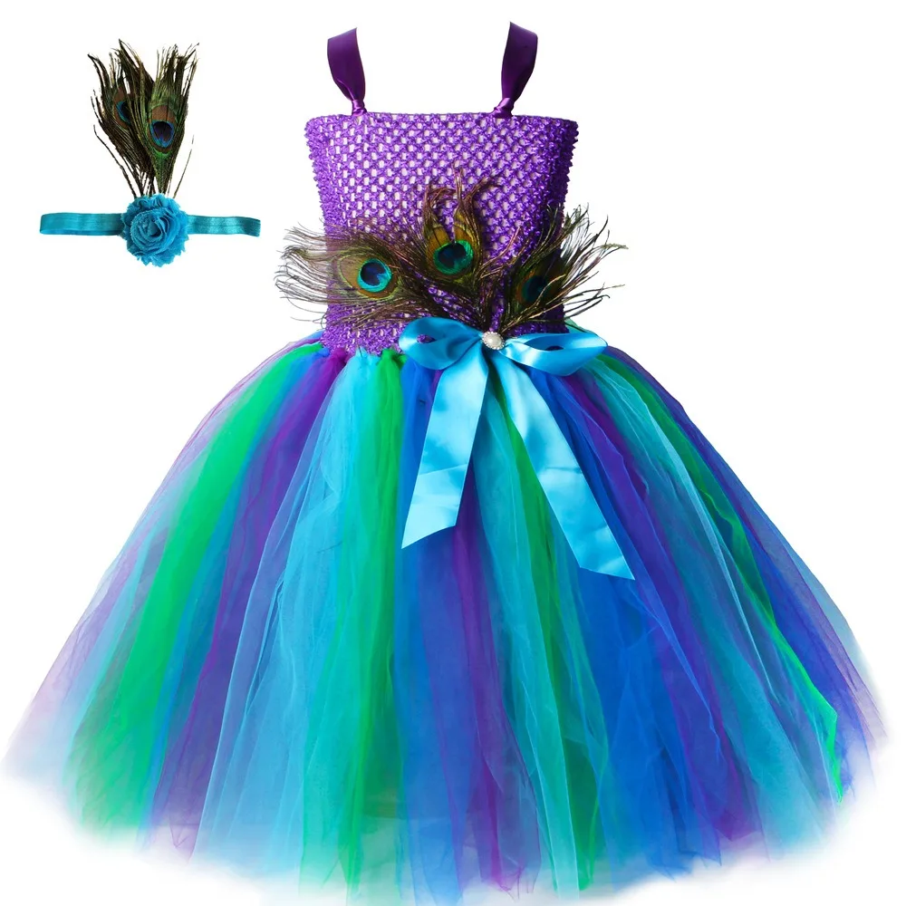 2024 New Peacock Princess Dress Children\'s Mesh Puff Dress Dress Girls Dance Performance Costumes and Hairbands