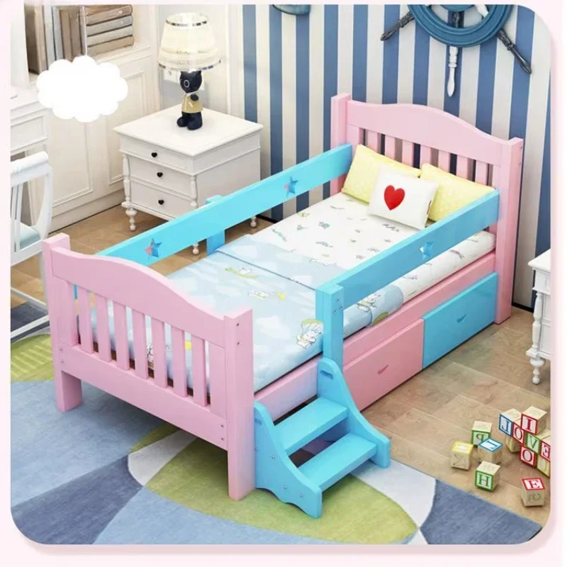 

YQ JENMW Wooden bed frame single children kids cot bed safety widening stitching baby bed