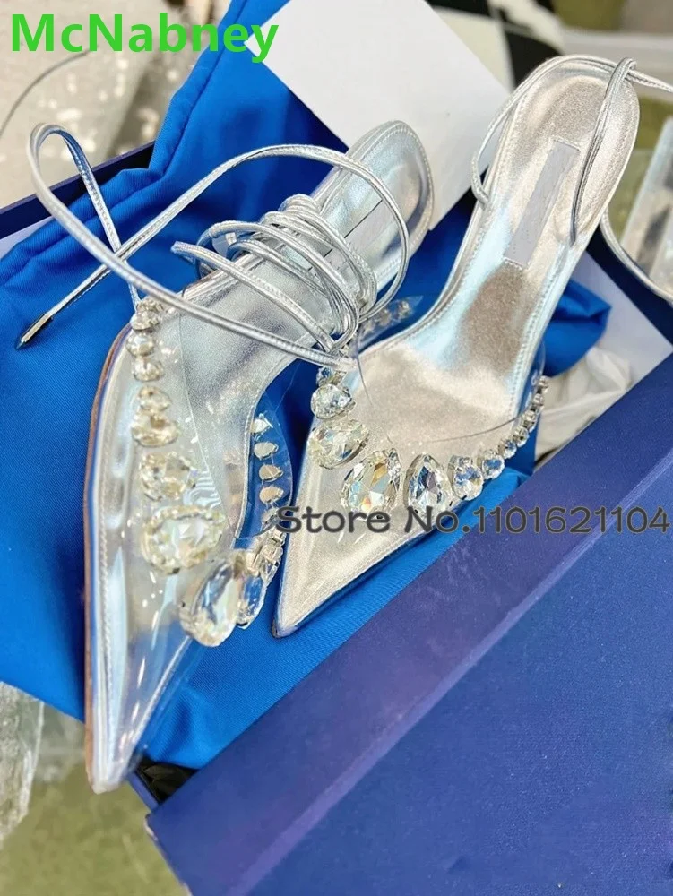 

Rhinestone Transparent PVC Luxury Pumps For Female Women Pointed Toe Ankle Lace-up Thin High Heel Slingback Elegant Sexy Shoes