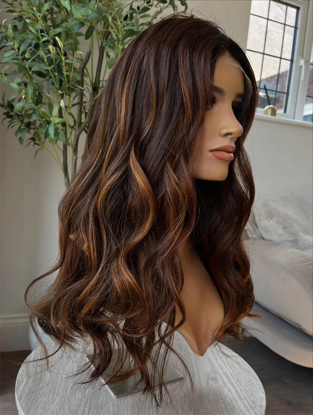 

Длинный волнистый парик с темно-коричневыми прядями, 13x4, с кружевной передней частью, без клея, синтетический, термостойкий, для косплея, для женщин, готовый к ношению