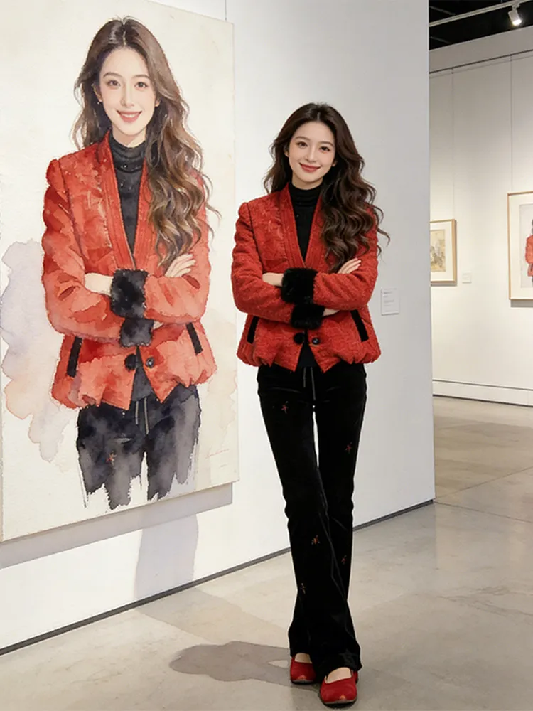 

Red Button up Winter Faion Set High Waist Casual Pants Women's Cotton down Jaet Two Piece Suit Sli Chic Cold Weather ...