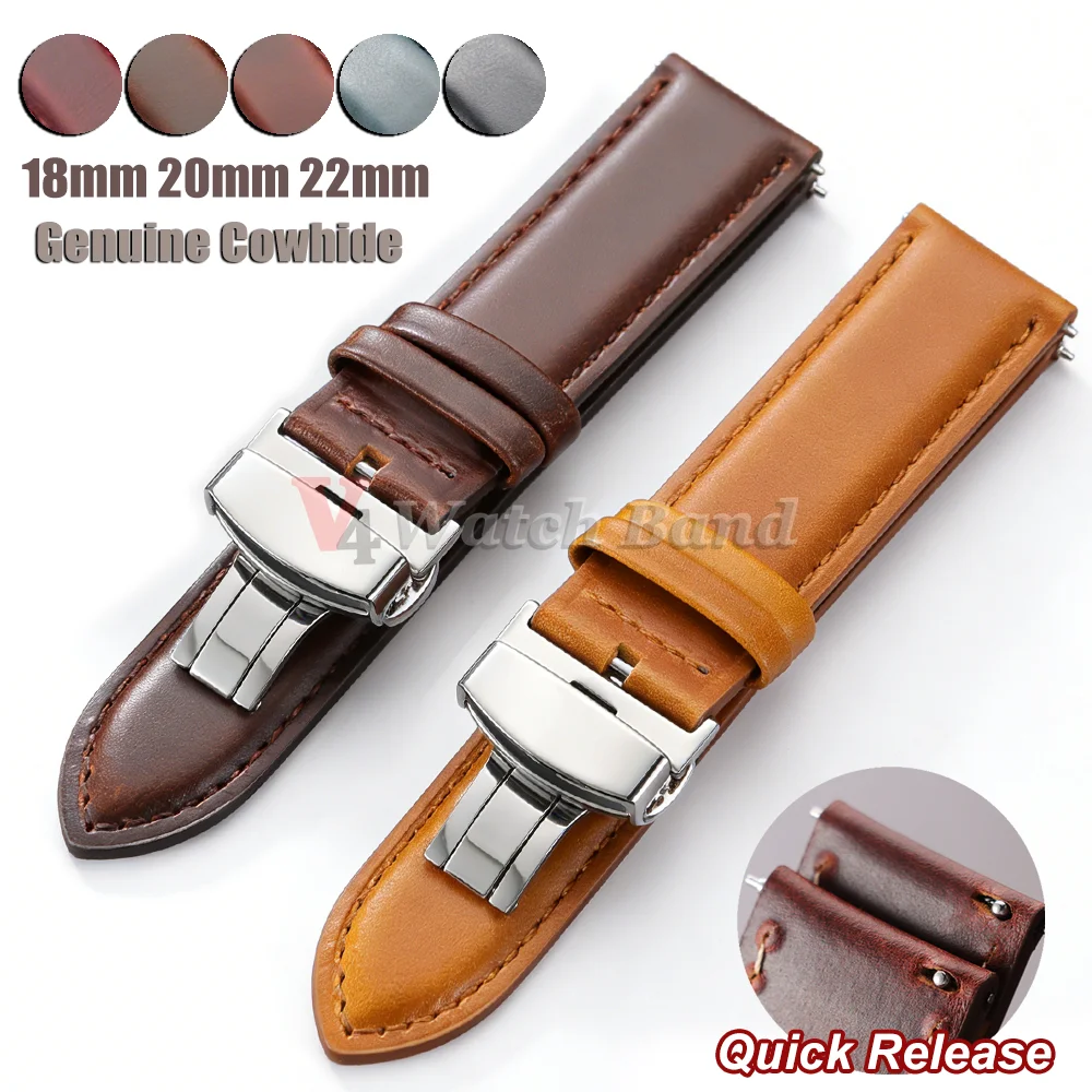 Echte Rindslederarmbänder mit Schnellverschluss, dunkelbraunes Kalbsleder, 18 mm, 20 mm, 22 mm, Business-Herrenarmband, Retro-Uhrenarmband, Schmetterlingsschnalle