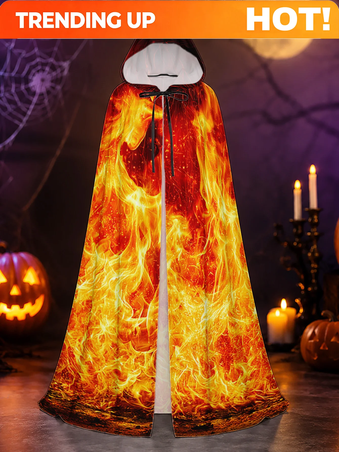 Customization 1pc, Adult Hooded Costume Cape With Blazing Fiery Flames Print, Durable Polyester Long Robe For Halloween Cosplay