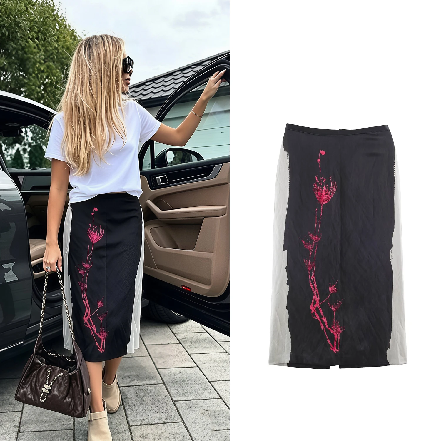 Women High Waist Rose Print Midi Skirts Spring Summer Female Color Block Spliced Straight Skirts Street Lady Back Zipper Skirt