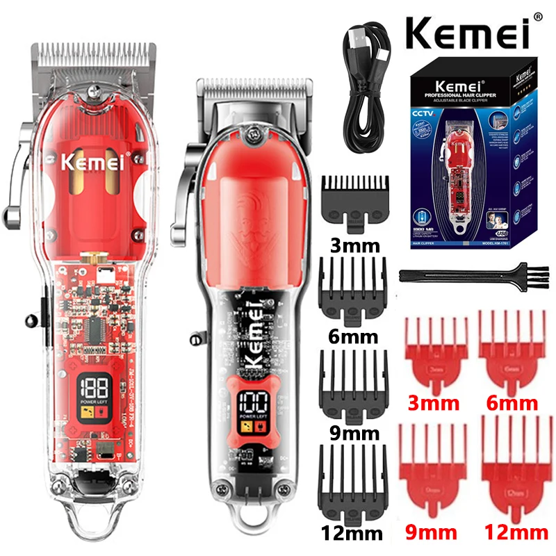 

Kemei Rechargeable Hair Cutting Machine Barber Shop Fade Hair Clippers Cordless Trimmer Transparent Cover Red Base KM-1761&246