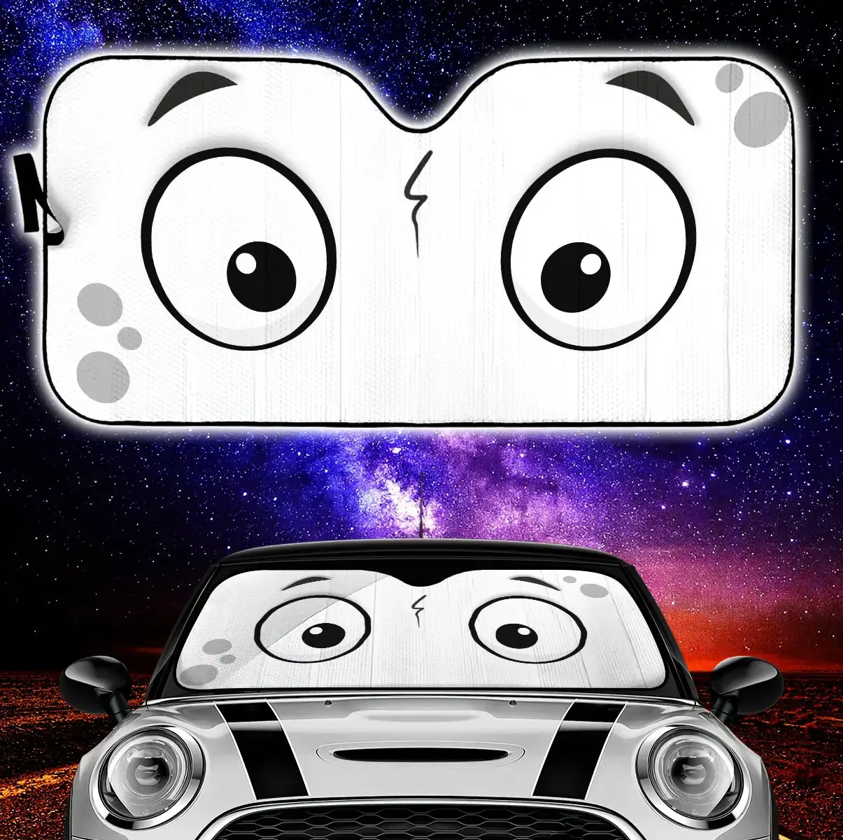 White Slight Surprised Cartoon Eyes Car Auto Sunshades