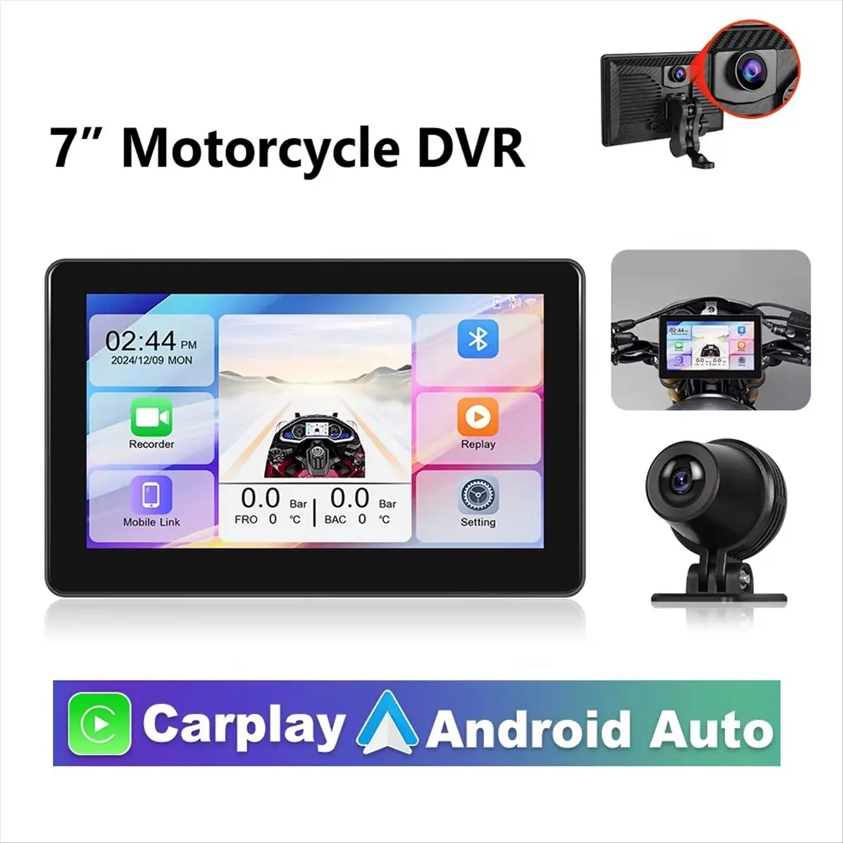 N05R Motorcycle 7in DVR Wireless CarPlay Screen Android Auto Multimedia Player Dash Cam Navigation Monitor Front+Rear Camera