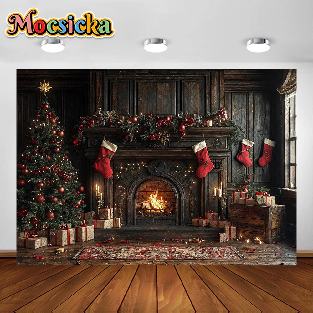 Fond de photographie de chambre de Noël, arbre de Noël, cheminée, décoration de guirxiété, adultes, enfants, portrait de vacances, décors photo, studio