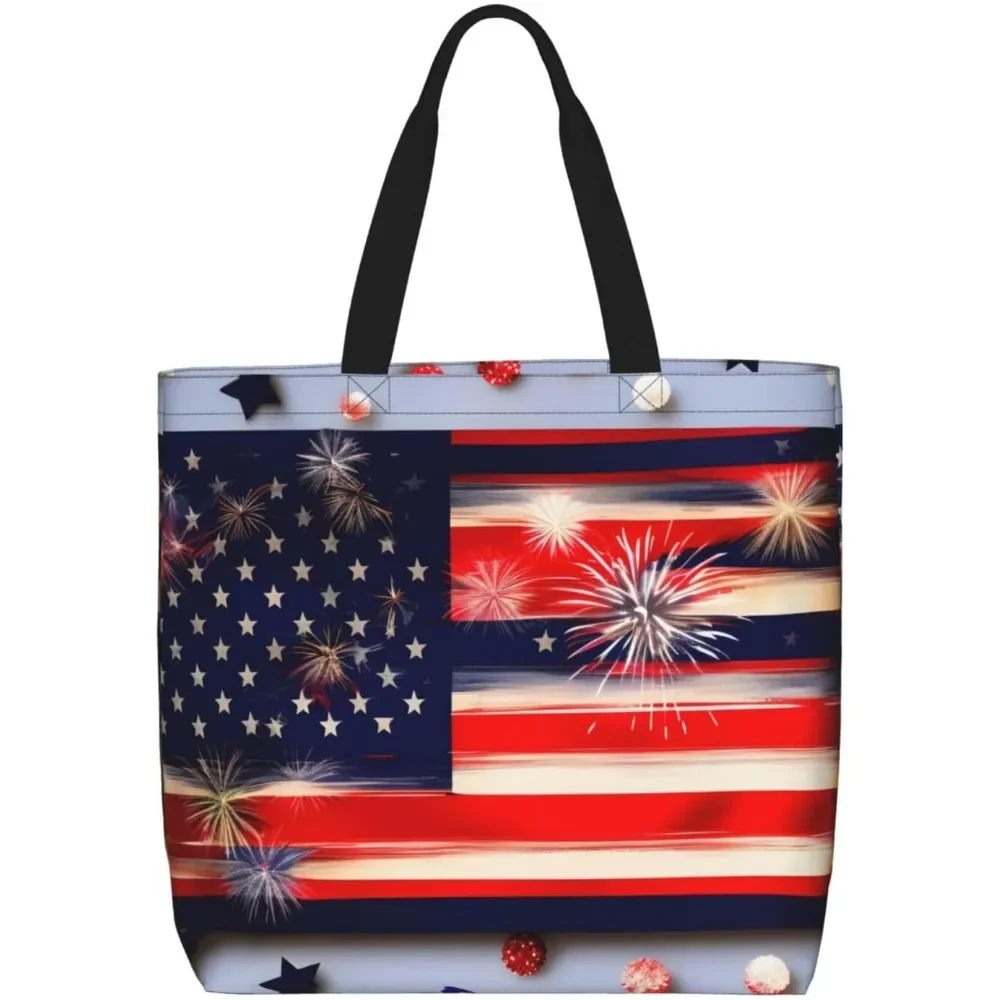 

American Flag Print Tote Bag, Reusable Shopping Bag, Large Capacity Zipper Single Shoulder Convenience Bag
