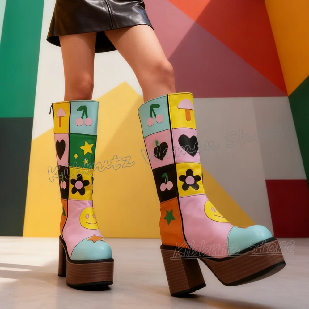 Сапоги до колена на платформе с цветочным узором в стиле пэчворк, разноцветные кожаные туфли с круглым носком на массивном каблуке и молнией, модная новинка, пикантная элегантная обувь, новинка