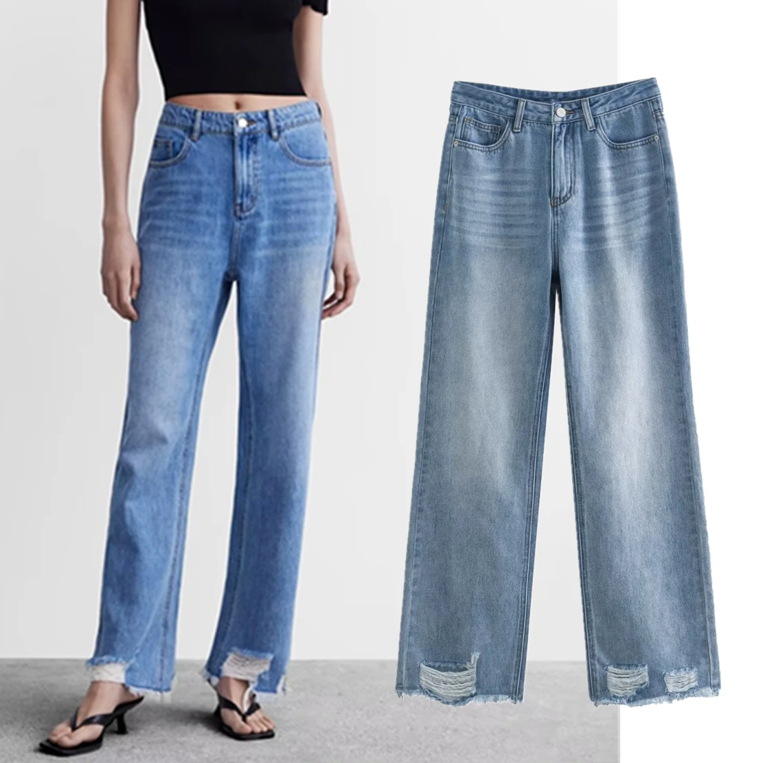 

Withered 2024 American Style Retro High Street Tassel Hole Loose Jeans Lady Women's Dneim Mom Jeans