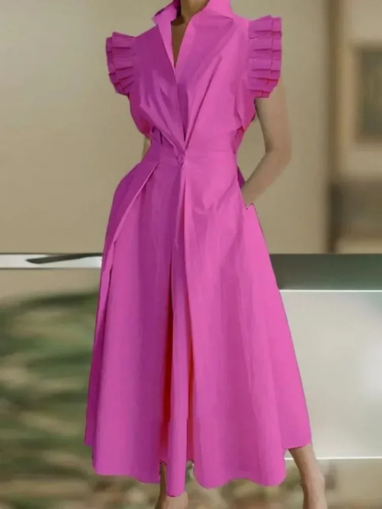 

Lemongor 2024 New Summer Female Fashion Fuchsia Evening Maxi Dresses Flying Sleeve Elastic Waist Lapel Pleated A-line Long Dress