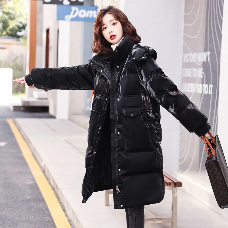 Fashion Hooded Shiny Down Cotton Jacket Women\'s Mid-length Korean Loose Female Outwear Thickened Warm Parka Coat