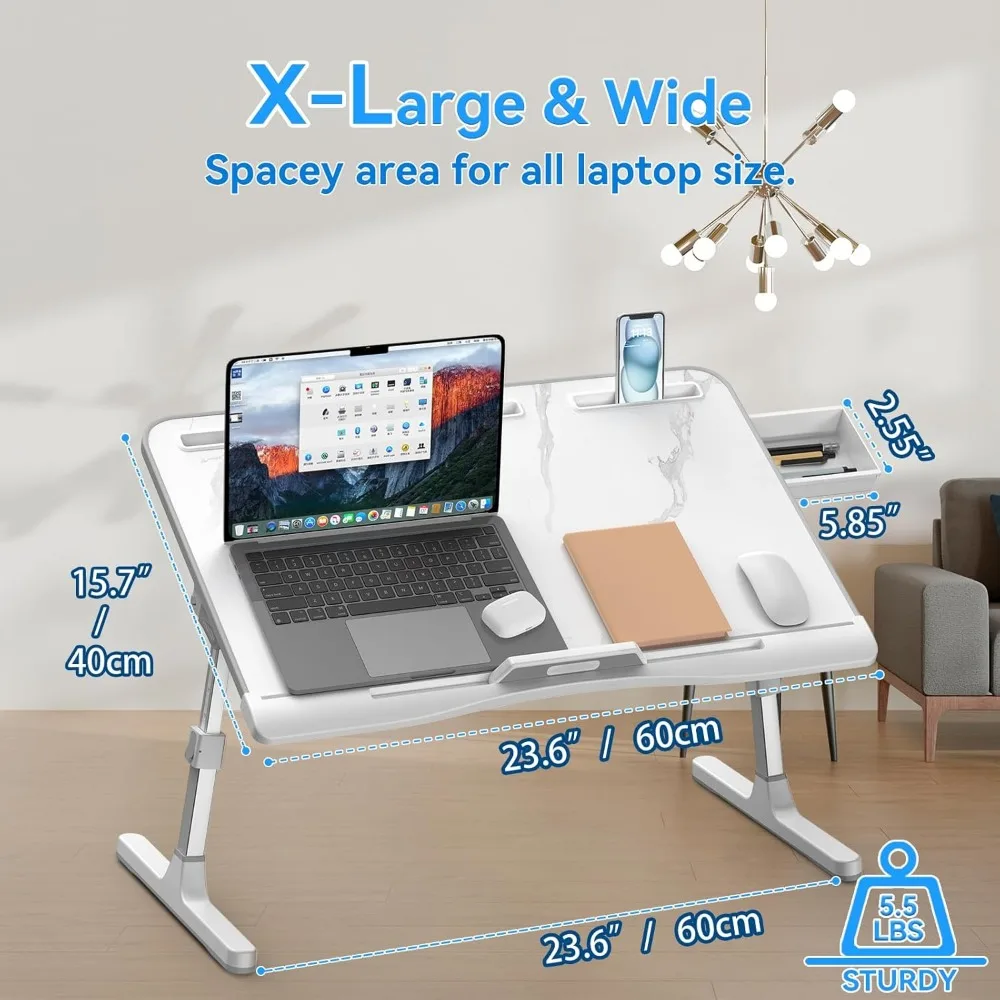 Bed Desk, Adjustable Laptop Lap Desk with Drawer, X-Large Foldable Laptop Bed Table Tray for Bed Couch Floor Desk Writing