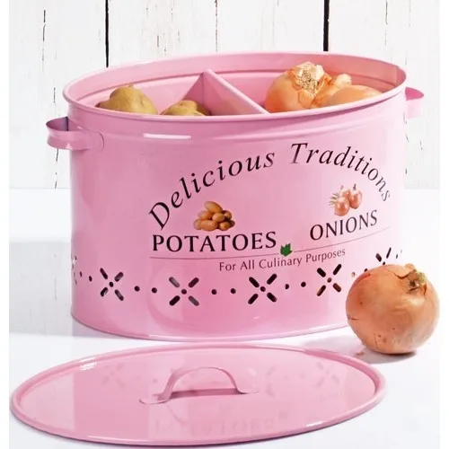 Evvehediyelikeşya 2 Compartment Pink Metal Potato Onion Storage Container Vegetable Storage