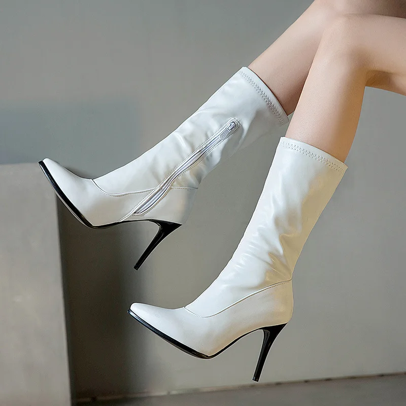 

Мягкие эластичные тонкие леопардовые сапоги, женские осенние ботинки до середины икры с острым носком, пикантные короткие черные, белые женские танцевальные туфли на тонком высоком каблуке