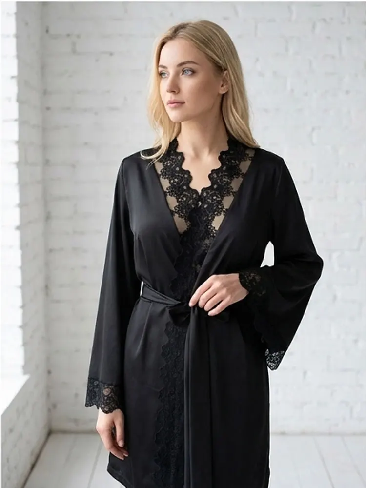 

Black Satin Wedding Robe with Lace Bridal Kimono Dressing Gown Wedding Lingerie for Brides Woman Mini Bathrobe Long Sleeves Robe