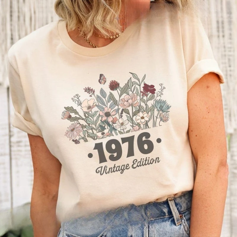 50th Birthday Shirt Flower 1976 Birth Year Number for Women Turning Gift Printed T-Shirt Tops Fashion Casual Streetwear