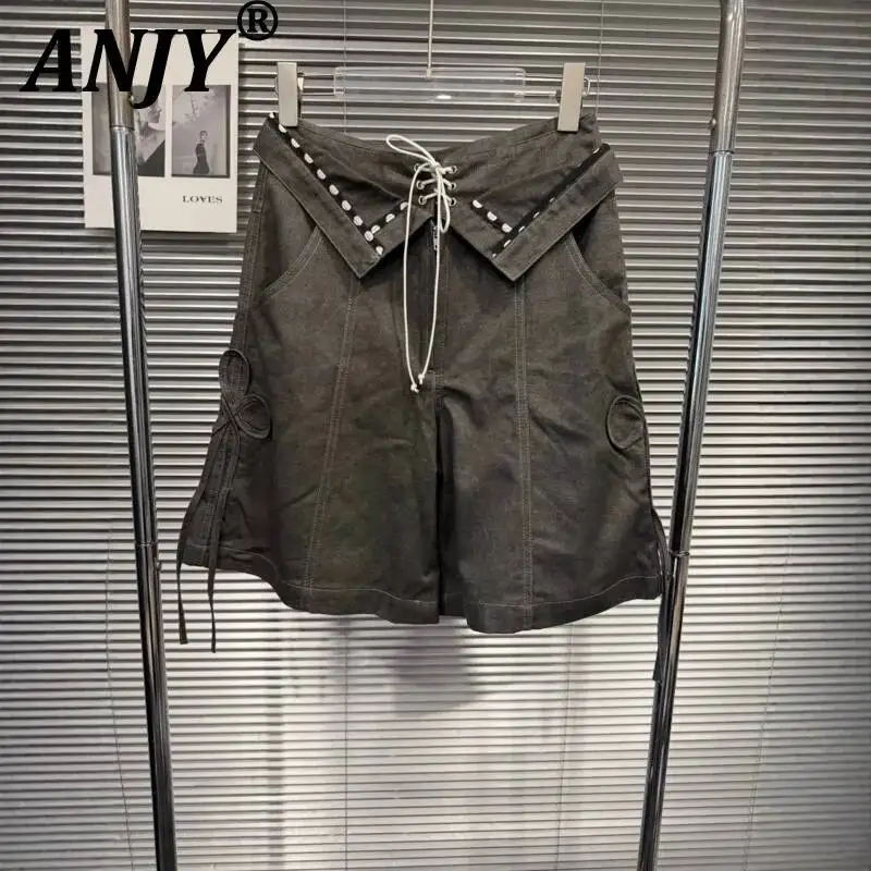 

ANJY Spring Summer New Women Design American Street Style Vintage Irregular Deconstructed Bandage Shorts Loose Chic Jeans A24933