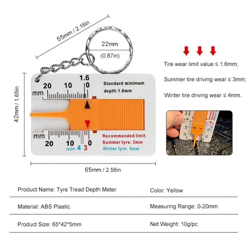 2pcs 0-20mm Plastic Yellow Tyre Tread Depth Meter for Car Motorcycle Trucks with Keychain Portable Depth Indicator Gauge