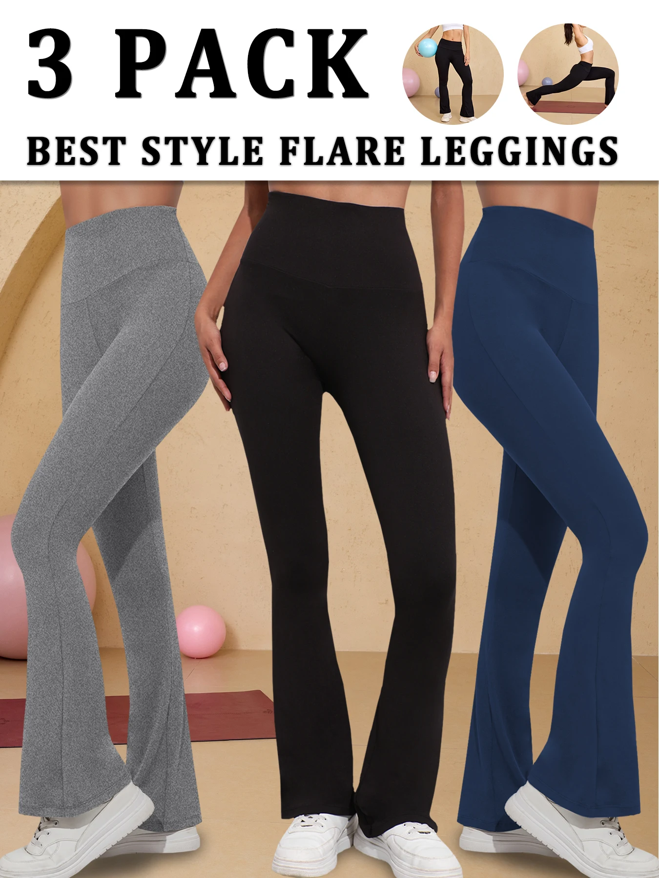 

3 Pack Women's Super Soft Flare Pants High Waisted Tummy Control Workout Yoga Push Up Gym Fitness Long Leggings Bell Bottoms