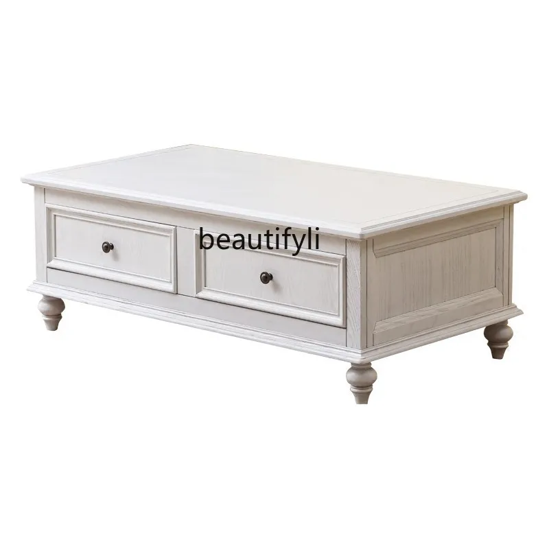 

American country coffee table solid wood ivory white living room tea table pastoral style old furniture TV cabinet coffee
