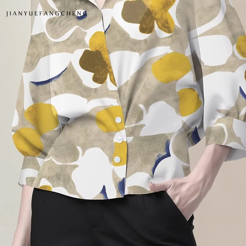 2025 été imprimé col rabattu petit haut femmes mode Style occidental chemise sept manches travail blouses décontractées