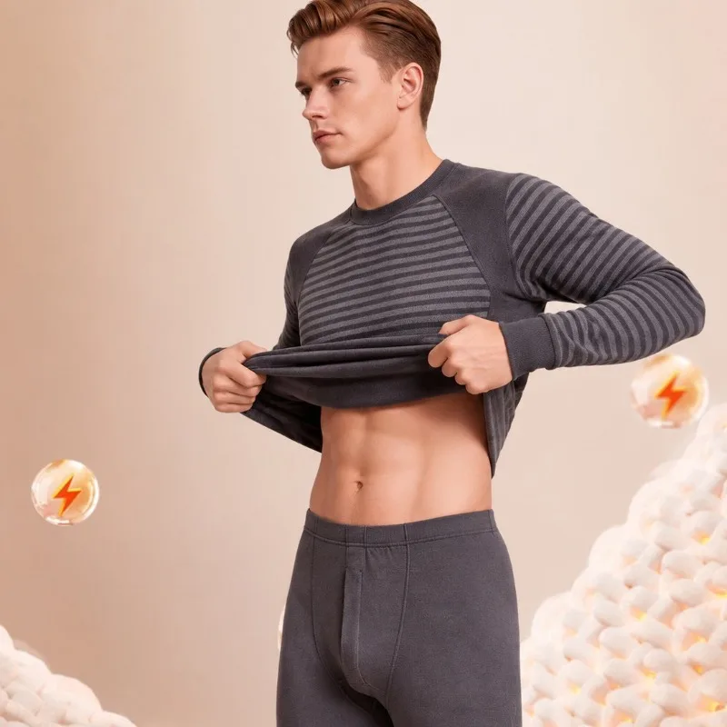 Winter Men Thermal Underwear Sets Soft Stretch Stripes Fleece Lining Warmth Top Long Johns Thickening Close-fitting Pajamas Suit