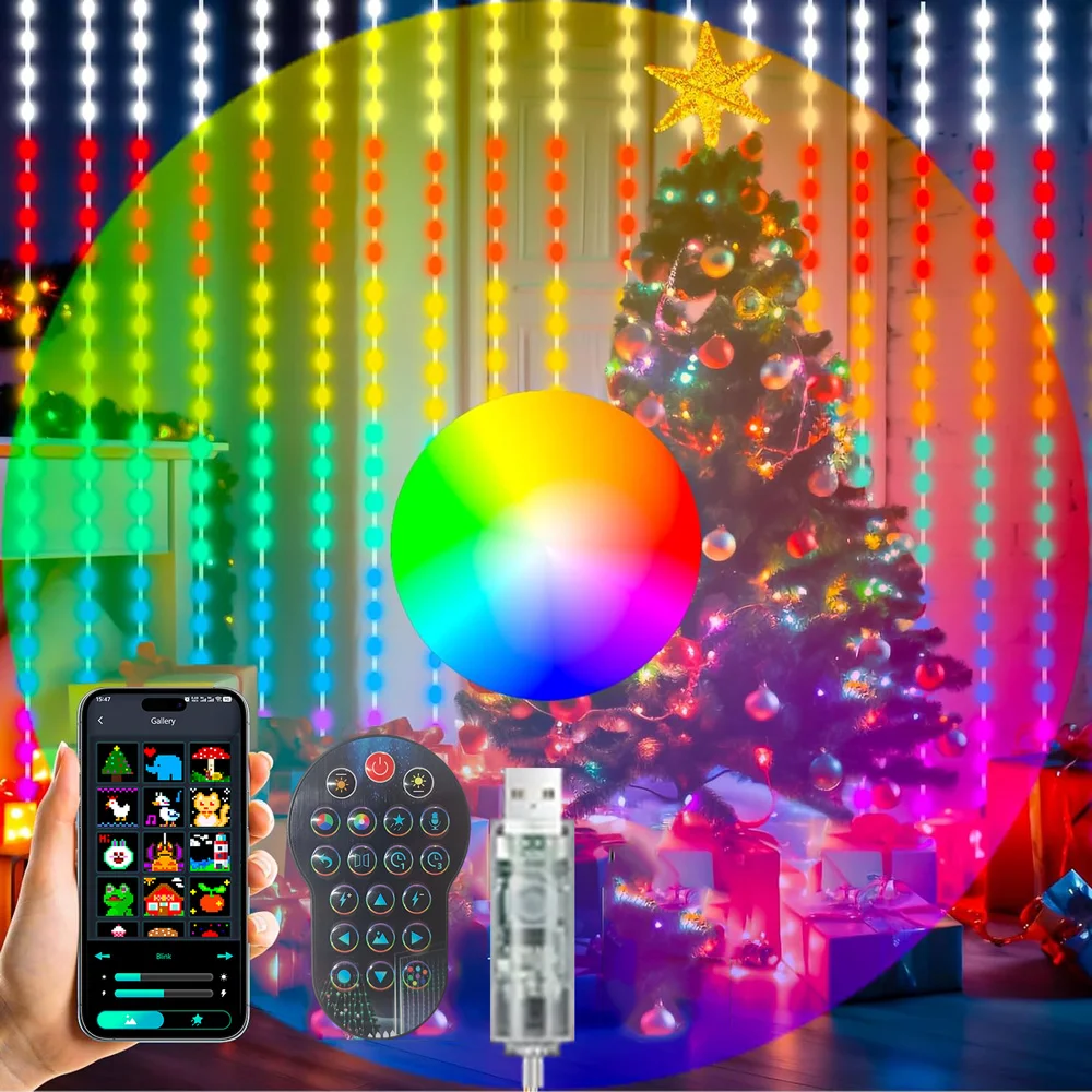 ไฟม่าน LED ไฟประดับตกแต่งห้องนอน ควบคุมผ่านแอพฯ รีโมทคอนโทรล RGB เปลี่ยนสีได้เอง ใช้เป็นไฟฉากหลังสำหรับตกแต่งบ้านในเทศกาลคริสต์มาส