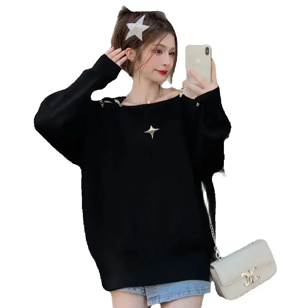 Off-Shoulder Slope-Neck Pullover Sweater 2024 Autumn Loose Casual Solid Color Harajuku Retro Fashion One-Shoulder Top