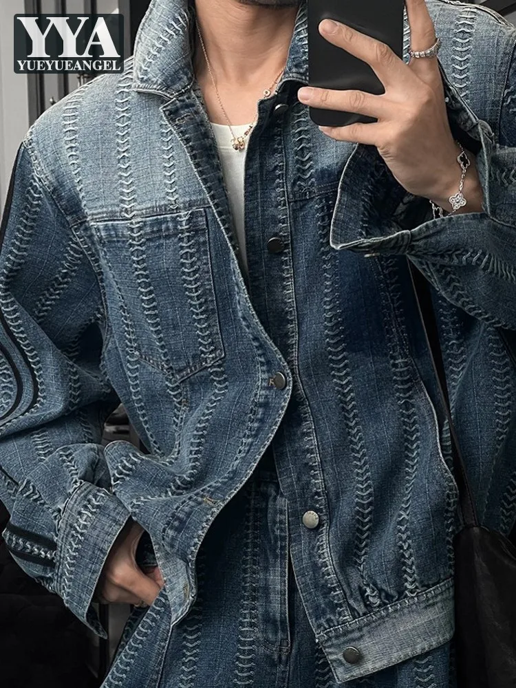 

Дизайнерский мужской новый джинсовый костюм-двойка: куртка на одной пуговице и джинсы, уличный стиль, свободный крой, ковбойский наряд, повседневный мужской комплект