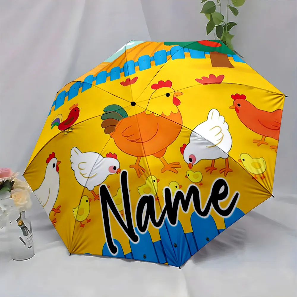 Custom Name Colorful Farm Theme Umbrella with Cartoon Chickens Print 8 Iron Ribs Folding Umbrella Auto-Open Fashion Sunshade