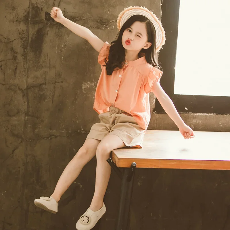 

2024 new teenager Summer Kids Girls clothes Flying Sleeve blouse Shirt + Khaki Leisure loose Pants teens 7 8 9 10 12 13 14 years