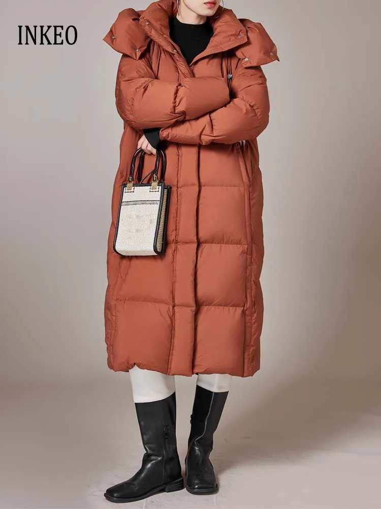 

2024 Winter Long duck down jacket for women warm Solid Oversize Casual Hooded turtleneck puffer coat Female INKEO DJ015