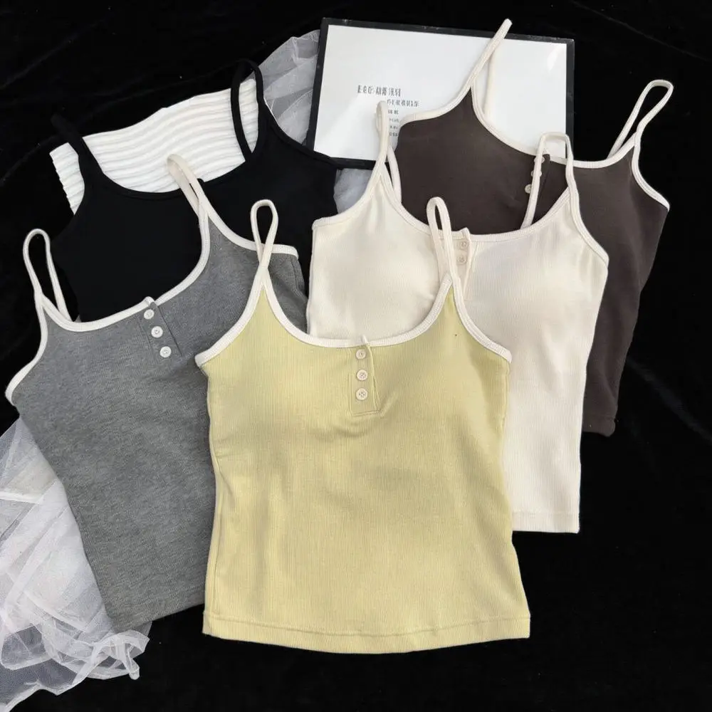 Summer Ladies Camisole Built In Bra Contrast Color Button Decor Square Neck Slim Fit Casual Sleeveless Basic Tank Top