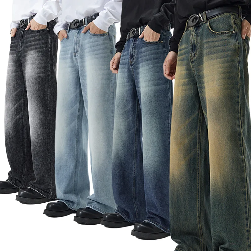 Jeans Men Wide Leg Long Pants Denim Pant Loose Casual Regular Straight Trousers A Line Splice Button Pocket Autumn Winter 2025