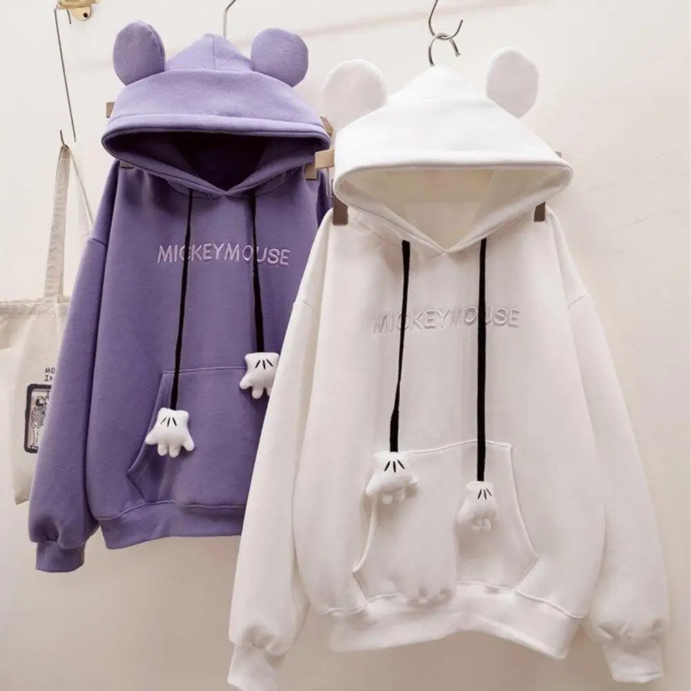 Fall Winter Women Hoodie Cartoon Hand Drawstring Ear Decor Thick Patch Pocket Loose Long Sleeves Pullover Warm  Top