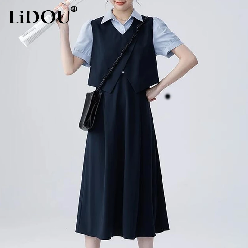 

2023 Summer New Preppy Style POLO Collar Short Sleeve Fake Two Pieces Midi Dress Women High Street Fashion All-match Vestidos